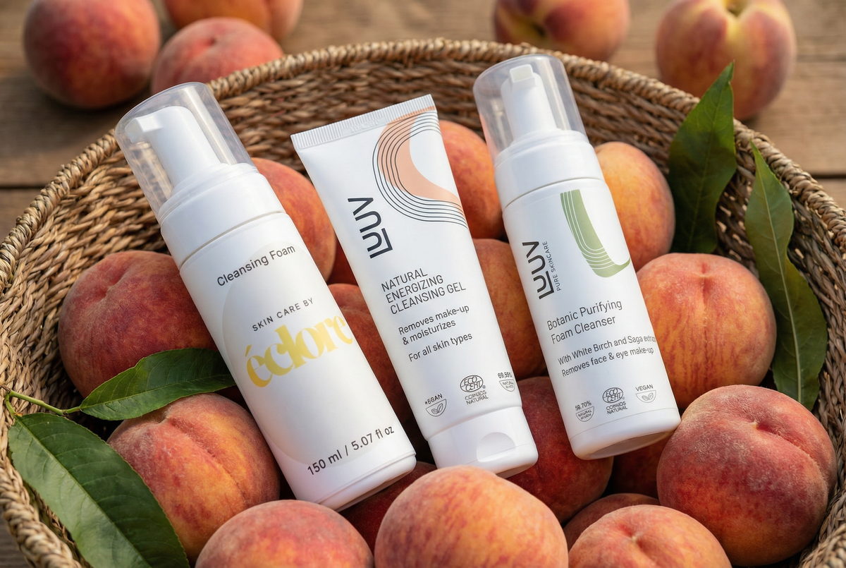 Naturlig ansiktsrengöring från LUUV och Skin Care by éclore i en korg med persikor