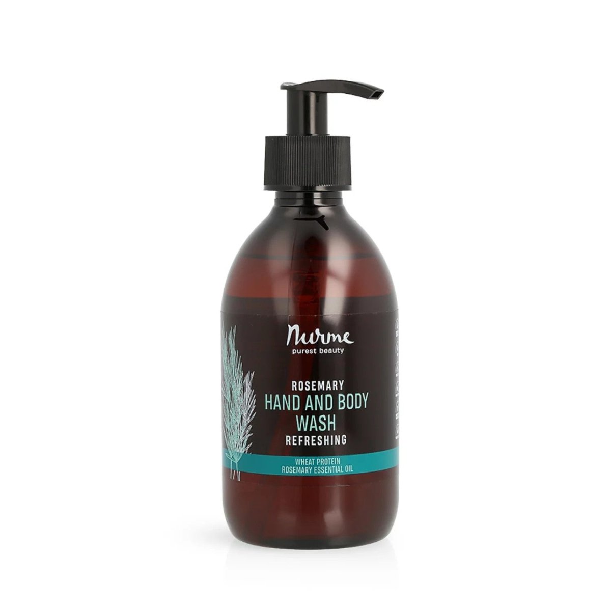 Bärnstensfärgad pumpflaska med naturlig duschtvål rosmarin från Nurme, 300 ml, svart pump