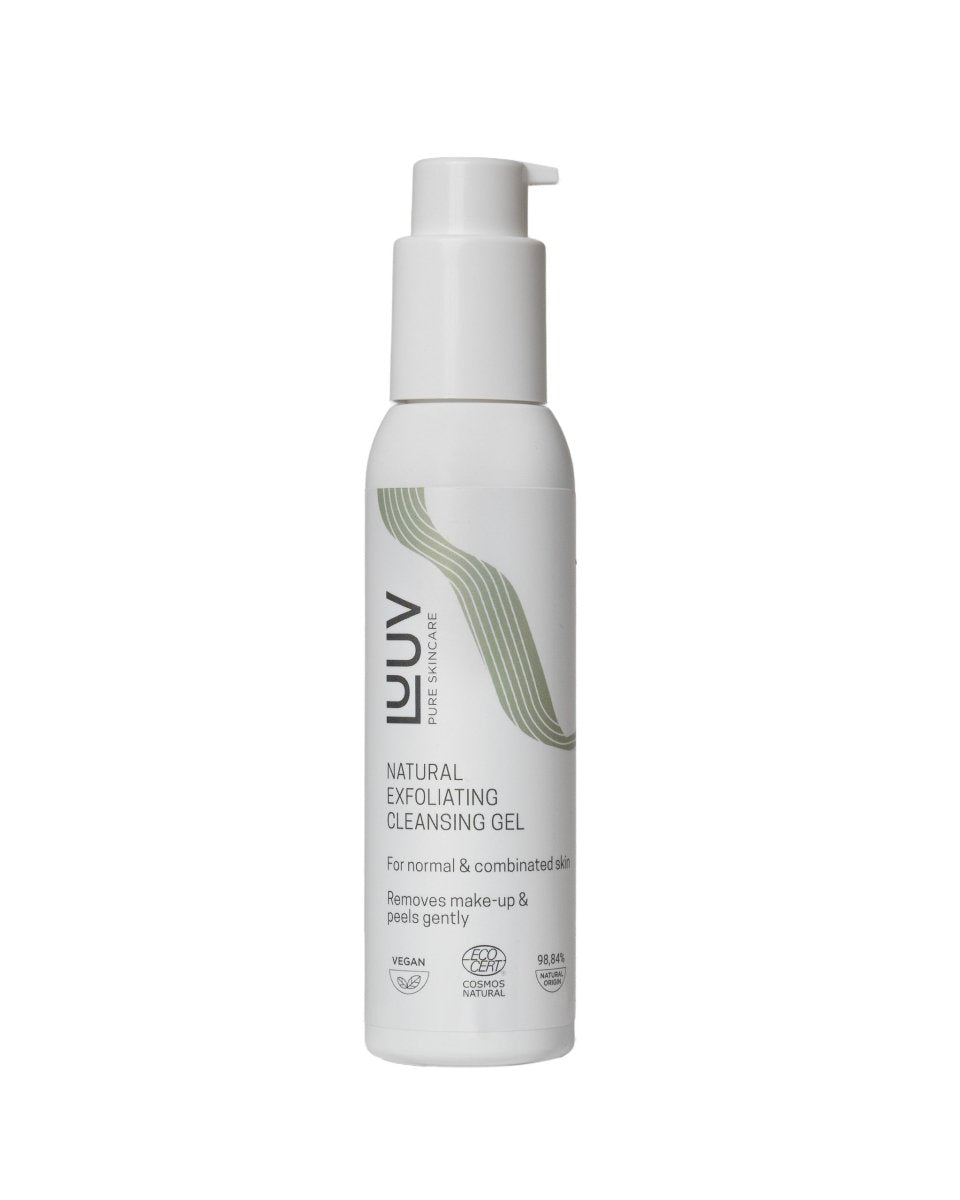 Vit pumpflaska med naturlig exfolierande rengöringsgel, LUUV märke, grön våglinje design, 125 ml hudvårdsprodukt
