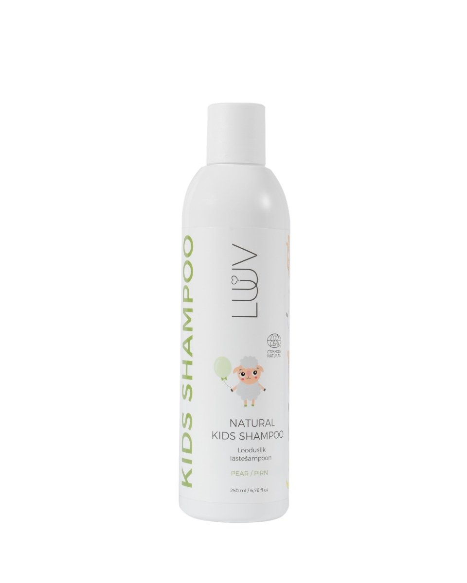 Vit plastflaska med pump och grön text, naturligt barnschampo päron COSMOS 200ml med tecknad päron-karaktär
