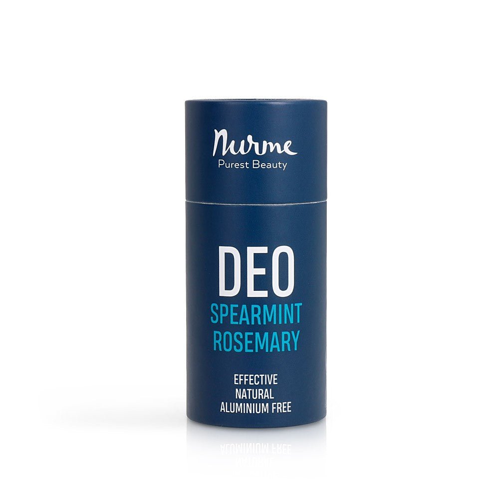 Nurme naturlig deodorant i blå cylinderformad förpackning med vit text, spearmint rosemary, aluminiumfri