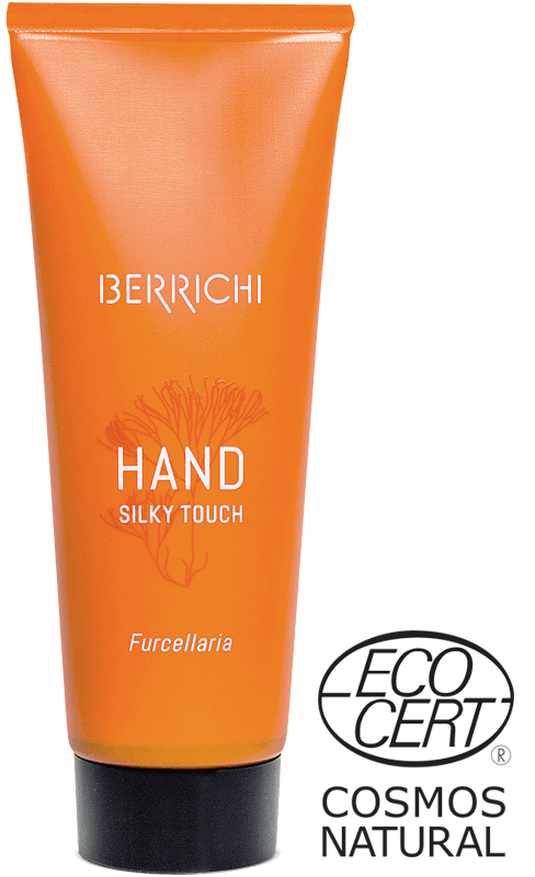 Orange handkräm i tube från berrichi med texten HAND SILKY TOUCH och EcoCert Natural-märkning