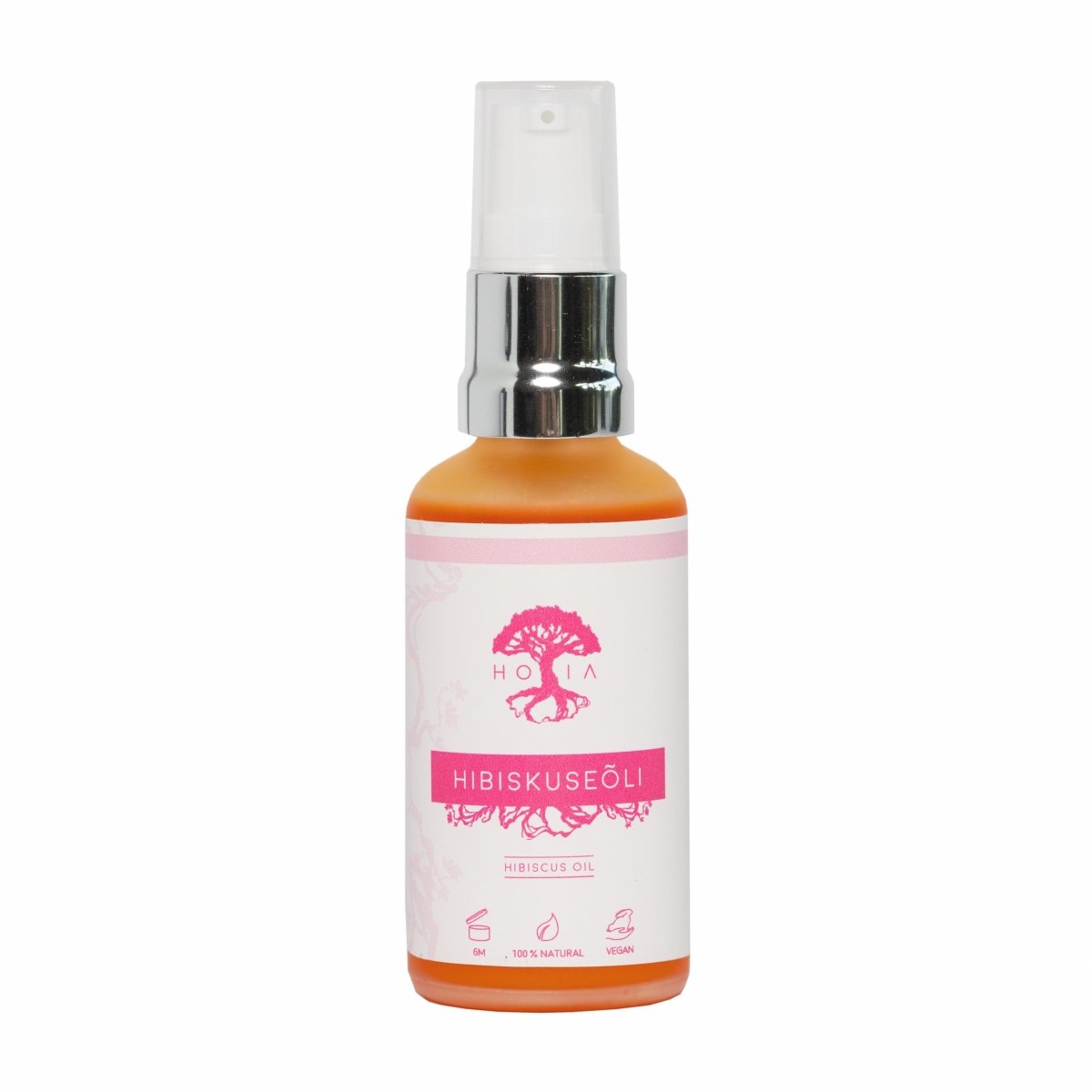 Organic Hibiscus Beauty Oil i genomskinlig glasflaska med spray, orange olja synlig, vit-rosa etikett med trädsymbol