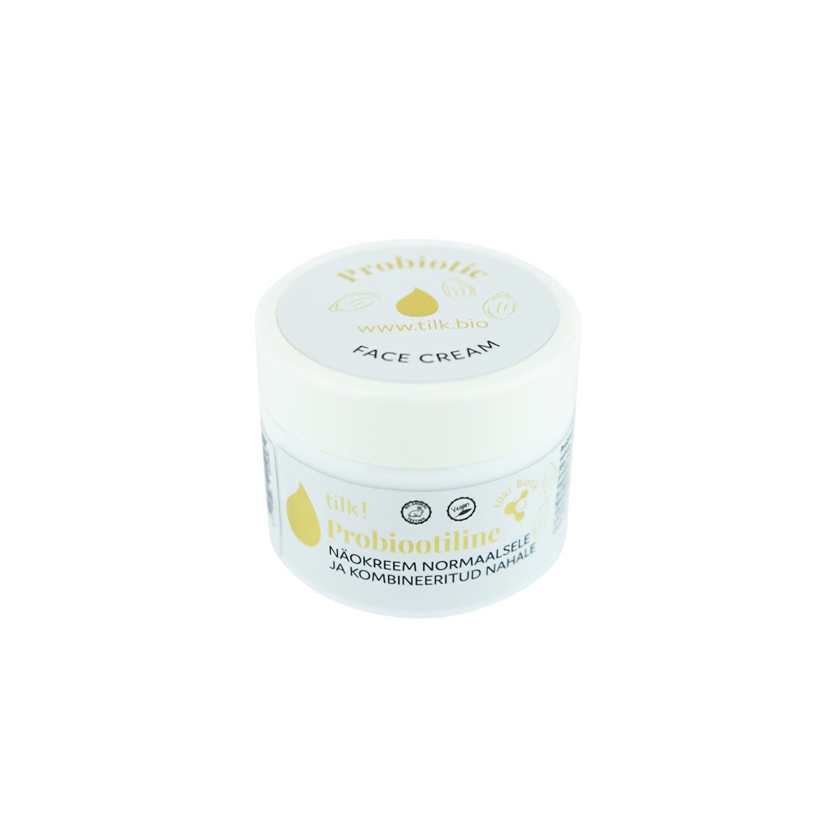 Vit burk med Probiotic Face Cream för normal och blandhy, 50ml. Rund plastförpackning med gul logotyp och text.