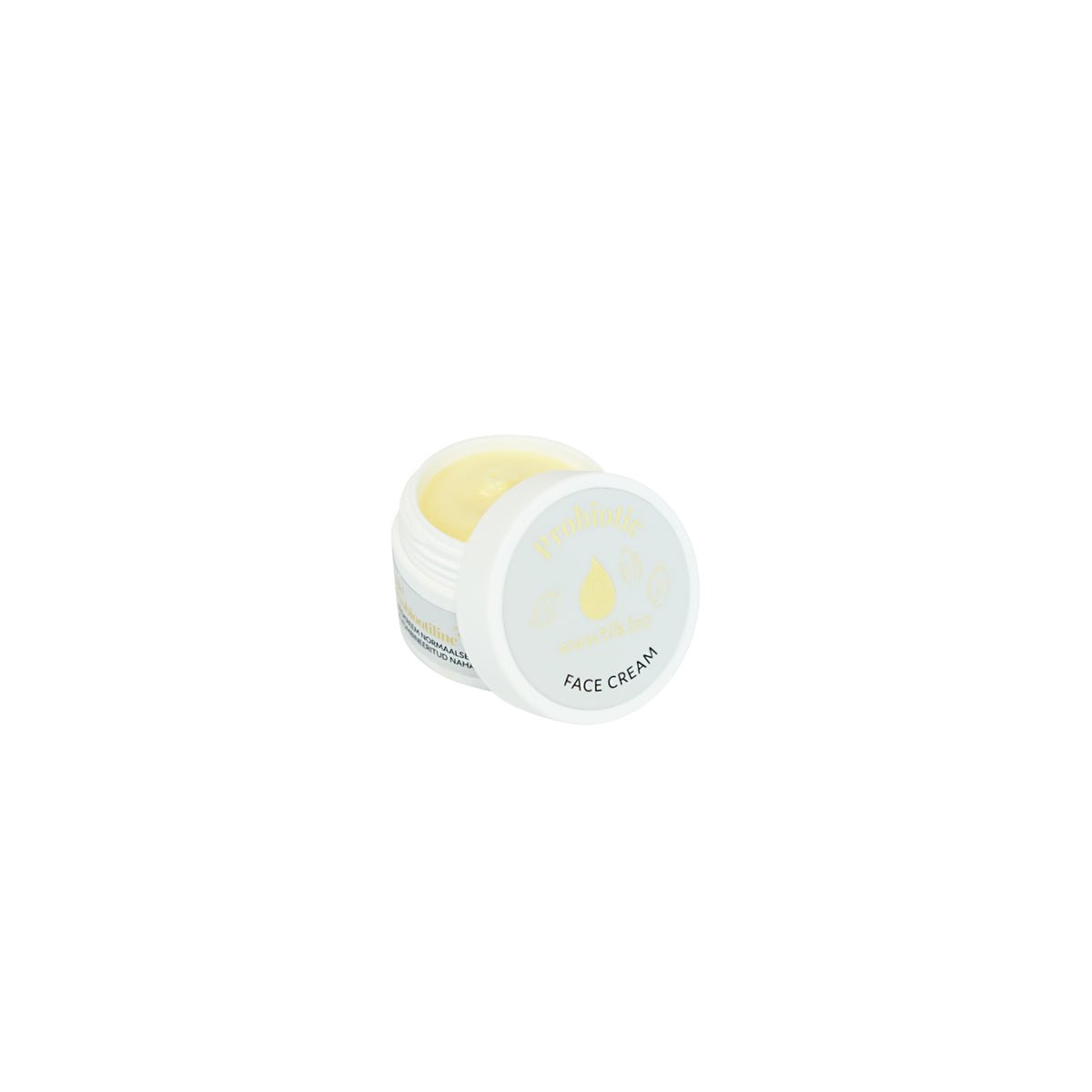 Probiotic Face Cream i vit burk med gul kräm synlig, öppet lock och elegant minimalistisk design