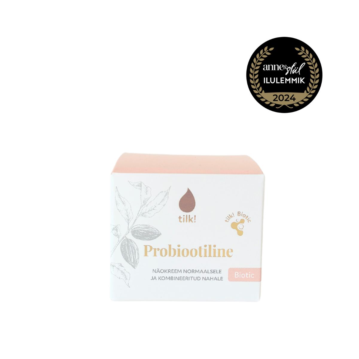 Probiotiline ansiktskräm i vit förpackning med rosa lock och botaniska illustrationer, för normal och blandhy