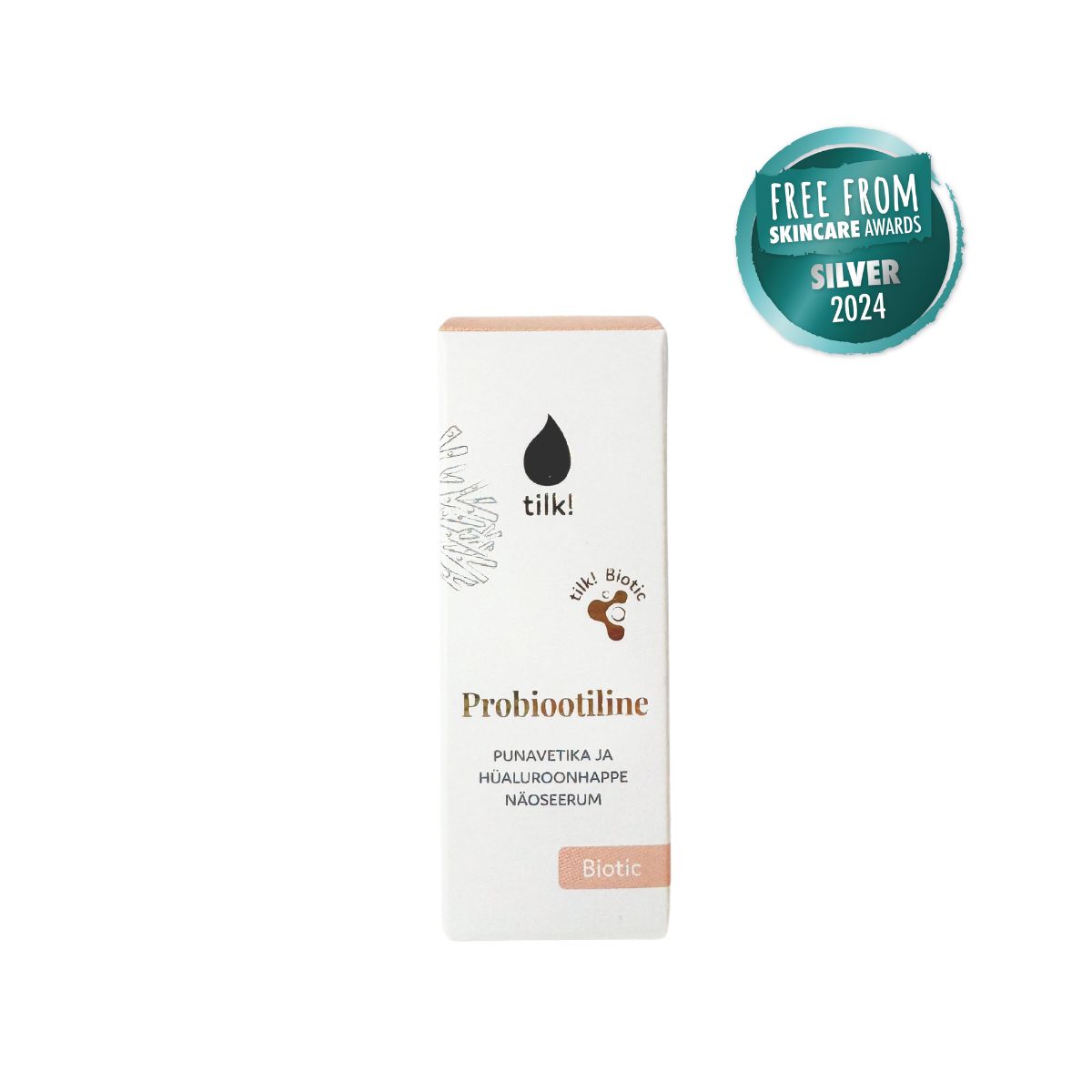 Vit förpackning till probiotiskt ansiktsserum med hyaluronsyra, Tilk!, bredvid Free From Skincare Awards Silver 2024