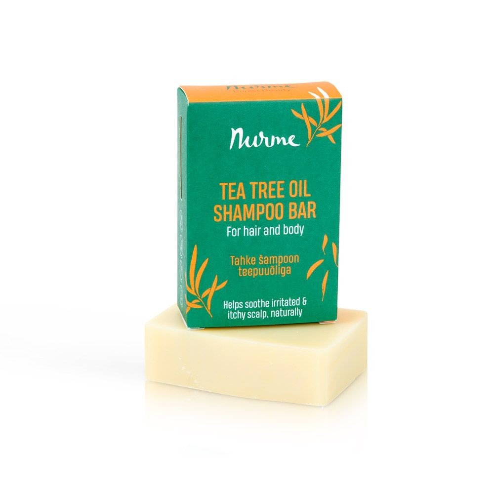 Nurme fast schampo mot kliande hårbotten med tea tree, grön förpackning och ljus schampobar