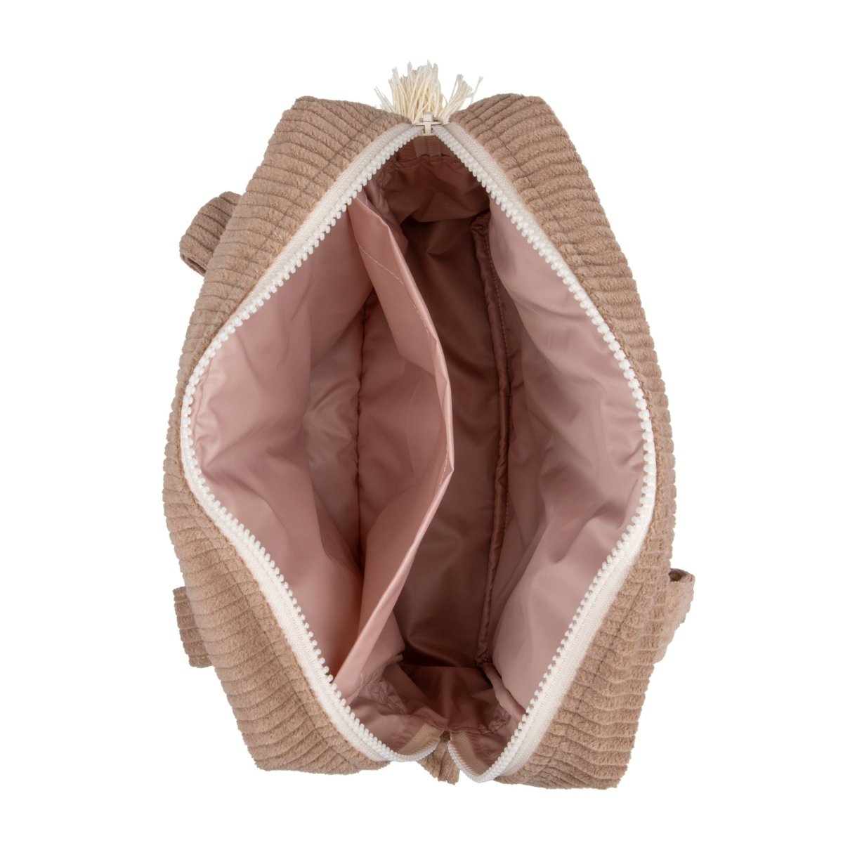 Öppnad stor sminkväska i latte-färgad corduroy med rosa vattentätt foder och innerficka, handgjord av Moi Mili