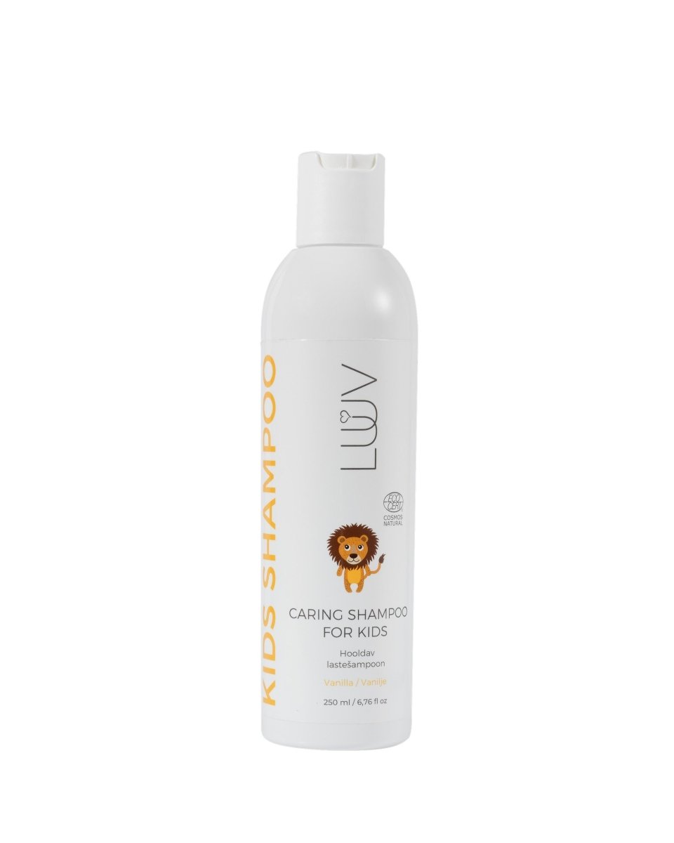 Vit flaska LUUV tårfritt barnschampo med vanilj, 200 ml, mot vit bakgrund