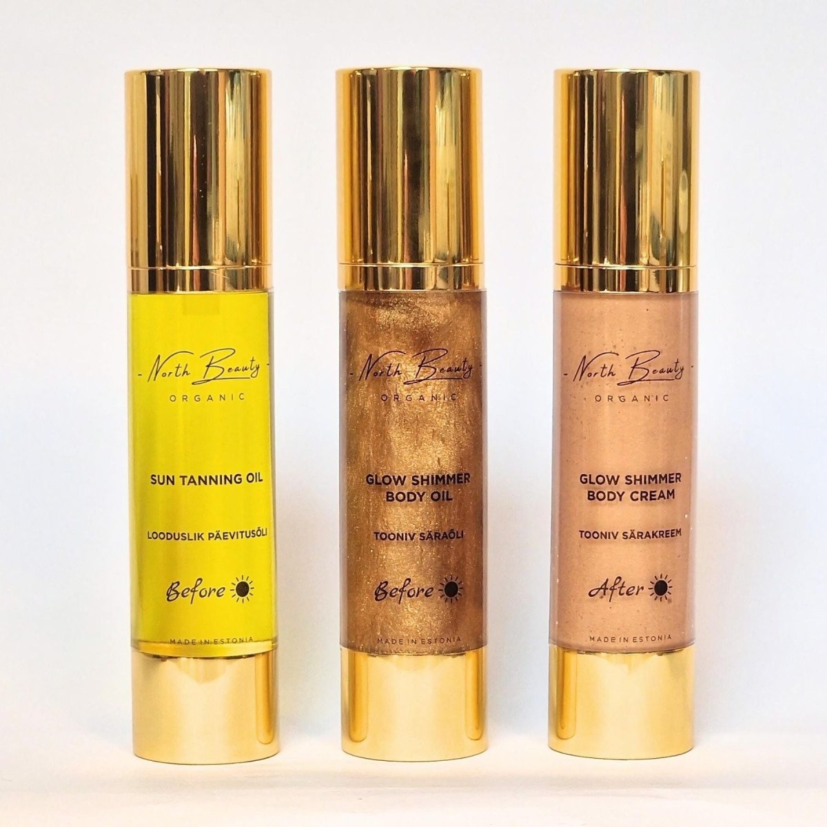 Tinted Glow Cream i rosa/persikofärgad kräm med guldglimmer i elegant gyllene cylinderflaska med pump